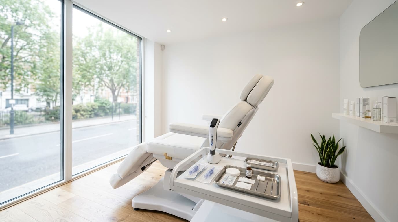 Modern aesthetic clinic interior in London — treatment room for microneedling procedure