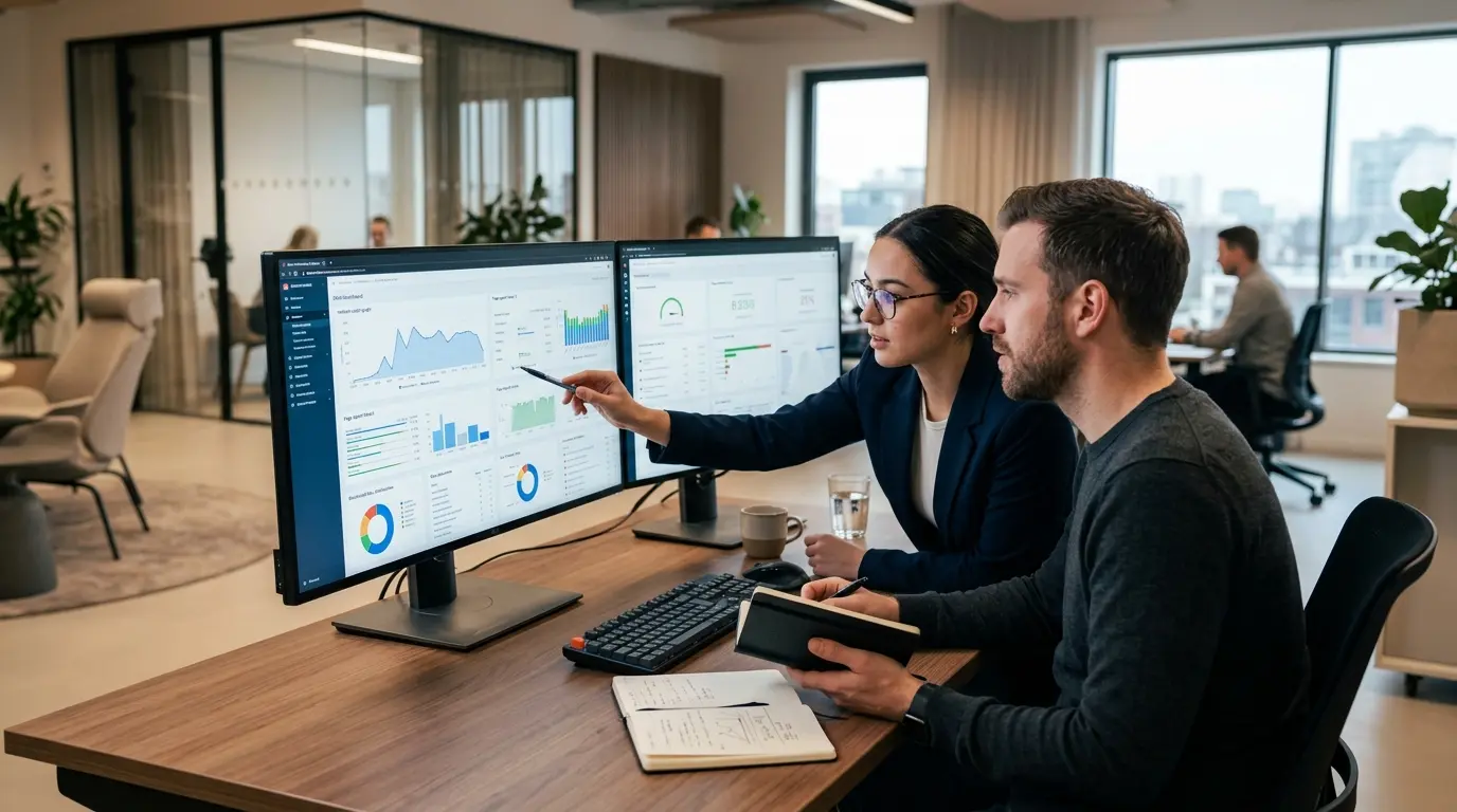 Professional SEO agency team analyzing technical website audit data on monitors in a modern office