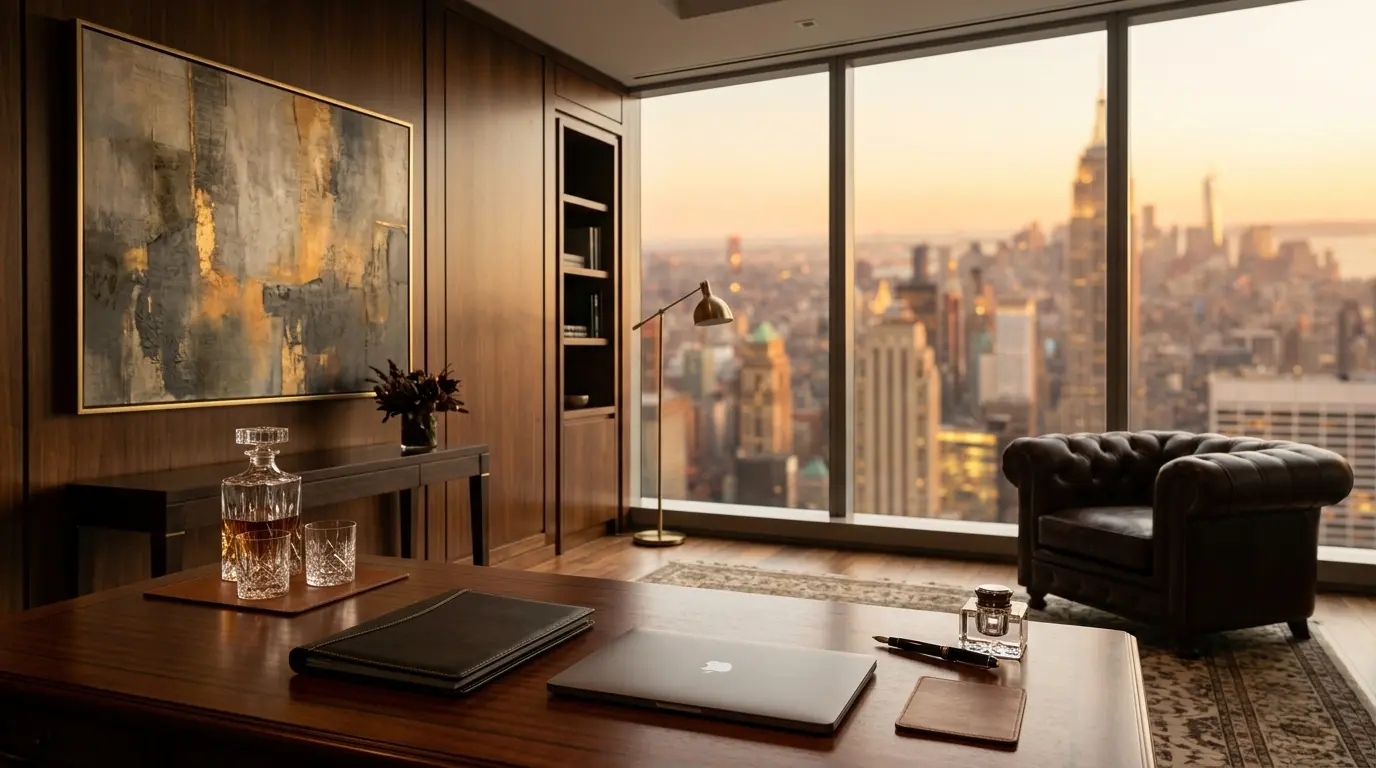 Luxury executive office with panoramic city view and warm golden hour lighting
