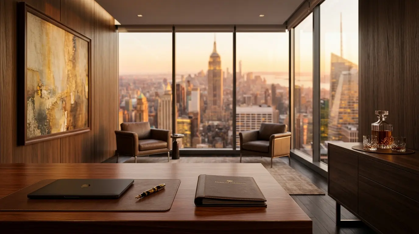 Luxury financial office interior with panoramic city view at golden hour