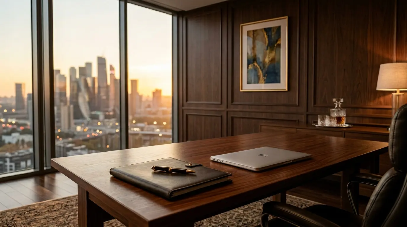 Modern finance office with sunset city view and elegant executive desk